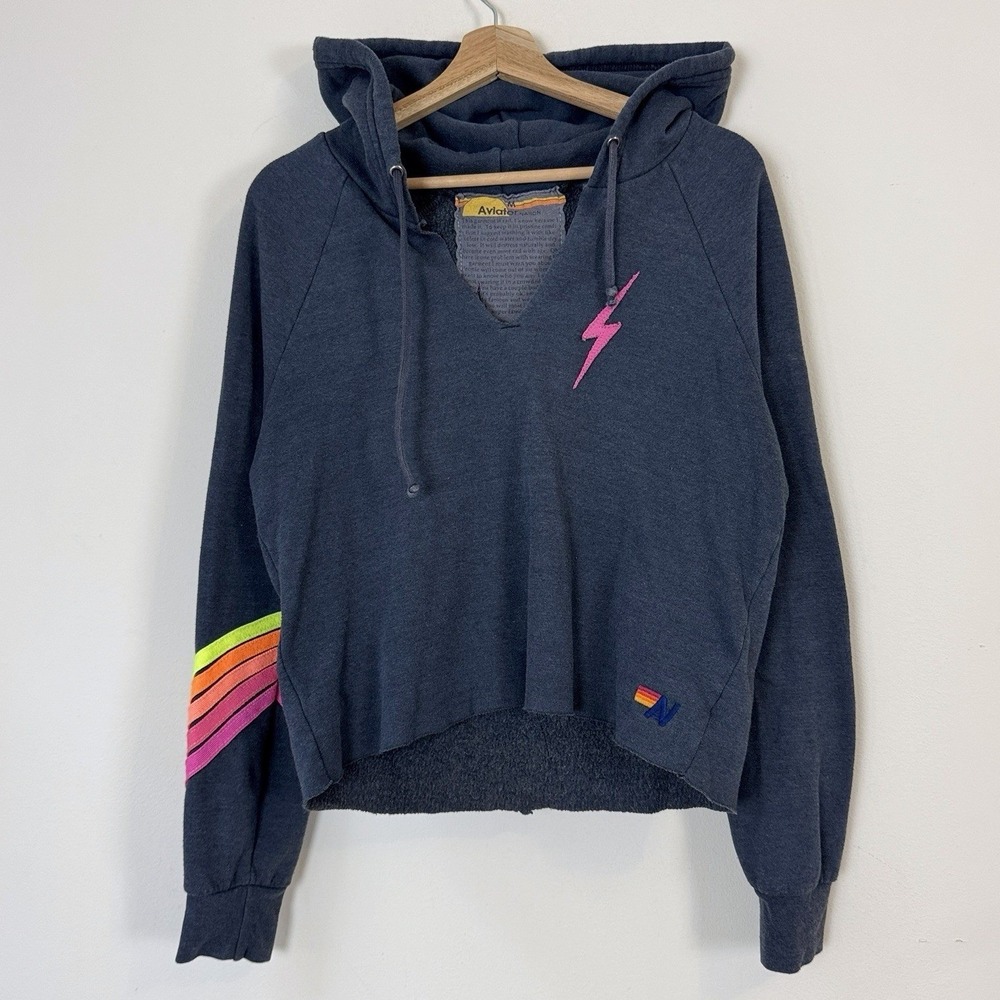 Aviator Nation Bolt Chevron 5 Stitch Split Neck Crop Grey Hoodie Sweatshirt - M